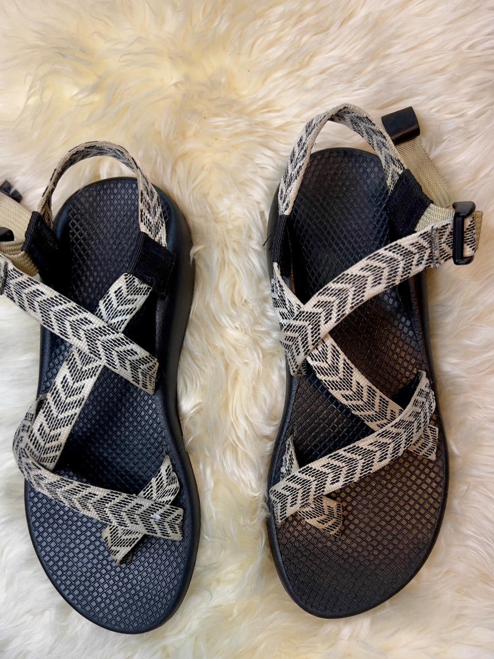 Chaco Black Sandals with Cream Chevron Straps. Women’s size 10